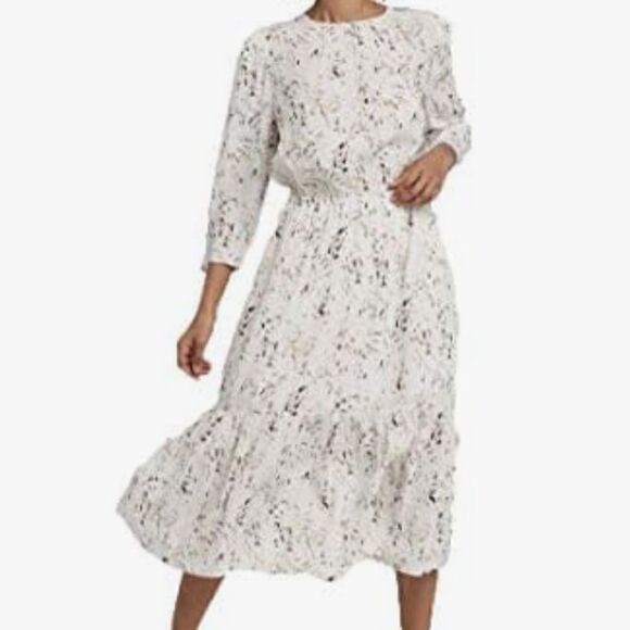 A New Day White Earth Tone Splatter Print Long Sleeve Ruffle Hem Dress NEW - Picture 1 of 16